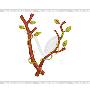 Cartoon letter V in form of tree branch with green - vector clip art