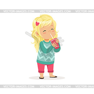 Colorful cute blond girl with cup of sweet - vector image