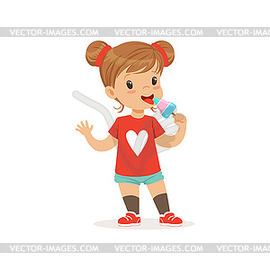 Adorable baby girl eating ice-cream on stick. - vector image