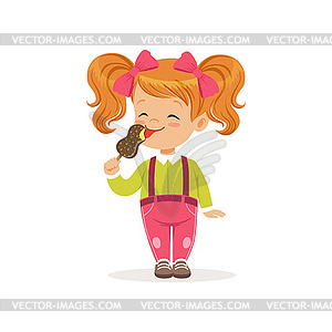 Cheerful little child licking delicious chocolate - vector clipart