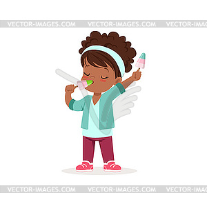 Curly-haired african baby girl holding and eating - vector clip art