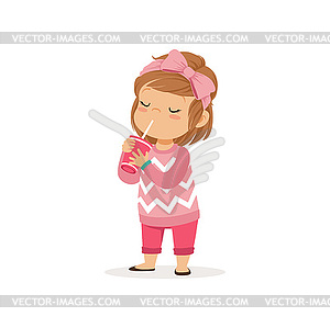 Cure toddler girl enjoying delicious refreshing - vector clip art
