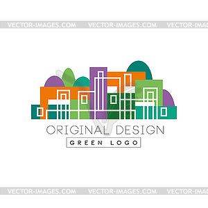 Abstract logo design with linear city buildings - vector image