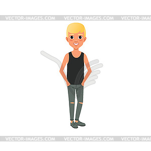 Blond boy in shirt and ripped jeans. Cartoon kid - vector clipart