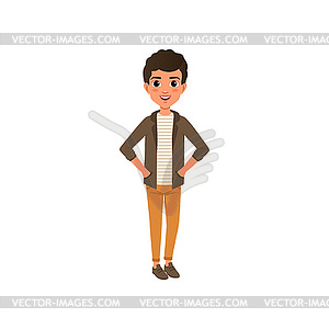 Cartoon happy curly-haired kid in brown jacket, - vector clipart / vector image