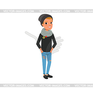 Stylish teen boy dressed in black sweater, hat, blu - vector image