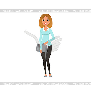 Attractive businesswoman standing with paper - vector clipart