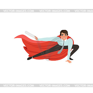 Business man with superhero mantle in landing - royalty-free vector clipart