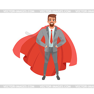 Bearded business man in gray suit, shirt, red tie - vector clipart