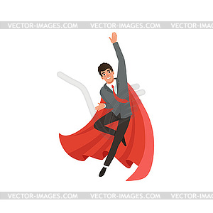 Young business man in suit, red tie and superhero - vector image