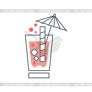 Summer cocktail with cubes of ice, bubbles, straw - vector image