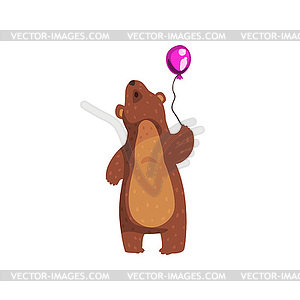 Grizzly bear standing with purple glossy balloon an - vector clipart