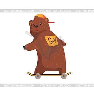 Cartoon bear riding ob skateboard, sticker on his - vector image