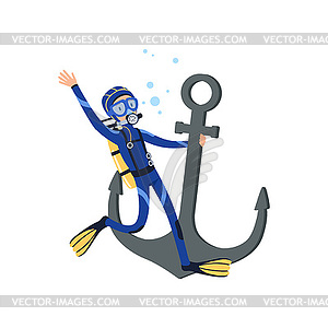 Diver holding onto large old anchor. Underwater - vector clipart