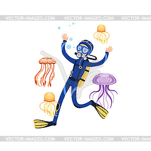 Man swimming with wonderful marine creatures. - vector image