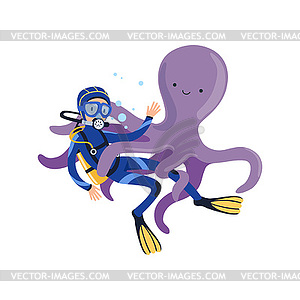 Giant purple octopus attacked diver with his - vector clipart