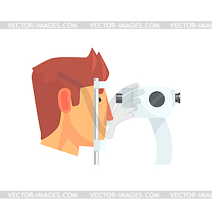 Male patient doing eye test in eyesight - vector clipart