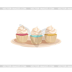 Three cupcakes with whipped cream. Colored and tast - vector clipart