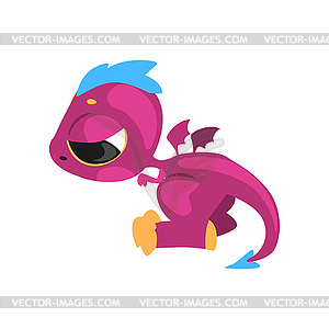 Little purple dragon with sad face expression. - vector image