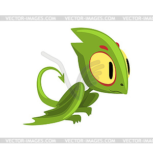 Funny green dragon with big eyes, head and long - vector clipart