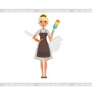 Pretty woman maid holding colorful dust brush. Hote - vector image