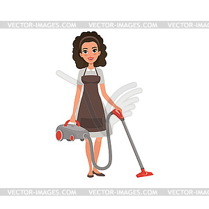 Cartoon character of hotel maid with vacuum cleaner - vector clipart