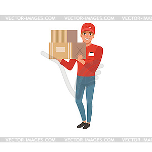 Cartoon courier character holding two cardboard - vector image