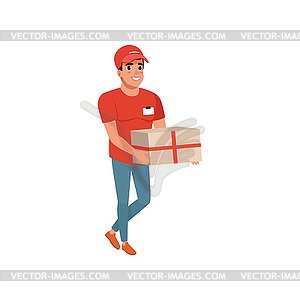 Delivery service worker with parcel in hands. - vector EPS clipart