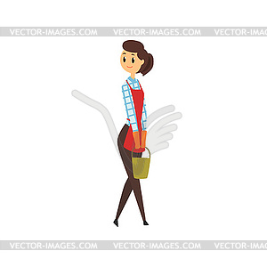 Cheerful maid standign with green bucket in hands. - stock vector clipart