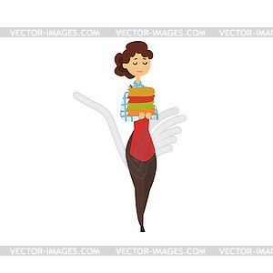 Maid woman with stack of clean linen. House cleanin - vector clip art