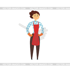 Cheerful hotel maid in apron, pants, checkered - vector clipart