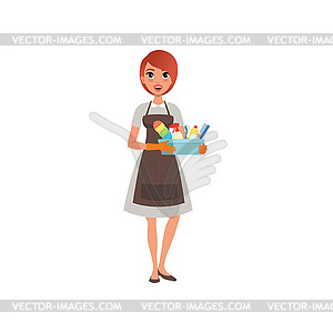 Young girl holding plastic box with cleaning liquid - vector clipart
