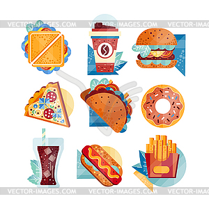 Flat icons with fast food and drinks. Sandwich, - vector image