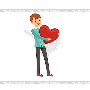 Smiling teen boy holding red heart, Happy Valentine - vector image