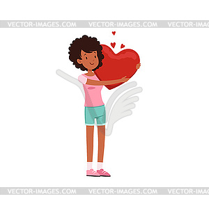 Pretty african american teen girl holding red heart - vector image