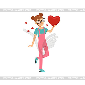 Teen girl in glasses holding red heart, Happy - vector clipart