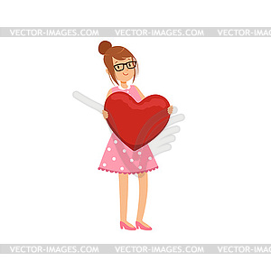 Pretty teen girl holding red heart, Happy Valentine - vector image