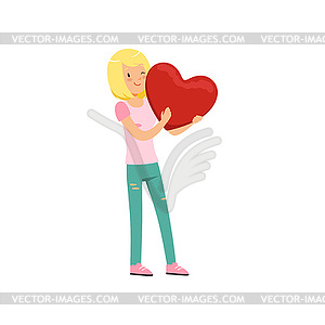 Pretty blonde teen girl holding red heart, Happy - vector clipart