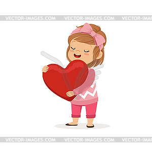 Happy lovely little girl holding red heart, Happy - color vector clipart