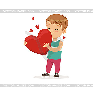 Cute little boy holding red heart, Happy - vector clipart