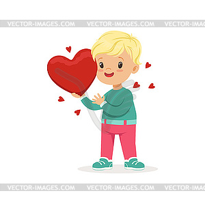 Sweet little boy holding red heart, Happy Valentine - vector image