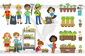 Kids Gardening And Picking Up Garbage Set - color vector clipart