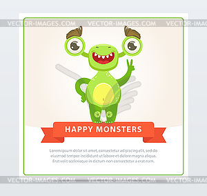 Cute funny green monster showing victory sign, happ - vector image