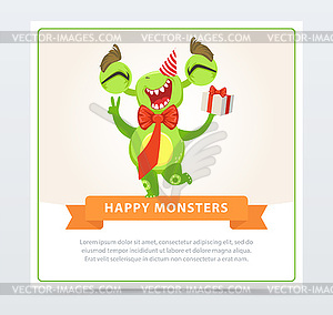 Cute funny green monster in party hat with gift box - vector image