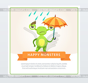 Cute funny green monster with colorful umbrella, - vector image