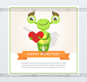 Cute funny green monster holding red heart, happy - vector clipart