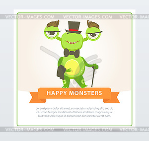 Cute funny green monster gentlemen dressed up top - vector image