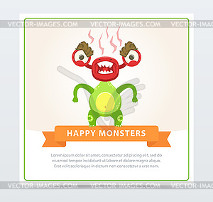 Cute funny green monster fuming with rage, happy - vector clipart