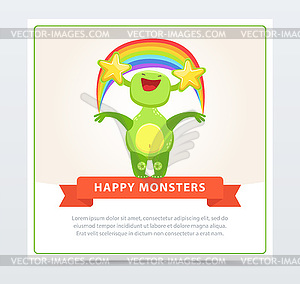 Cute funny green monster holding colorful rainbow, - stock vector clipart