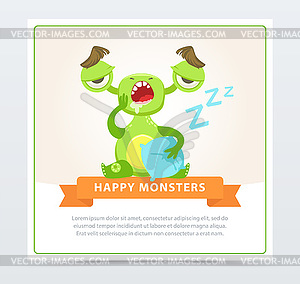 Cute funny green monster yawning, happy monsters - vector clipart